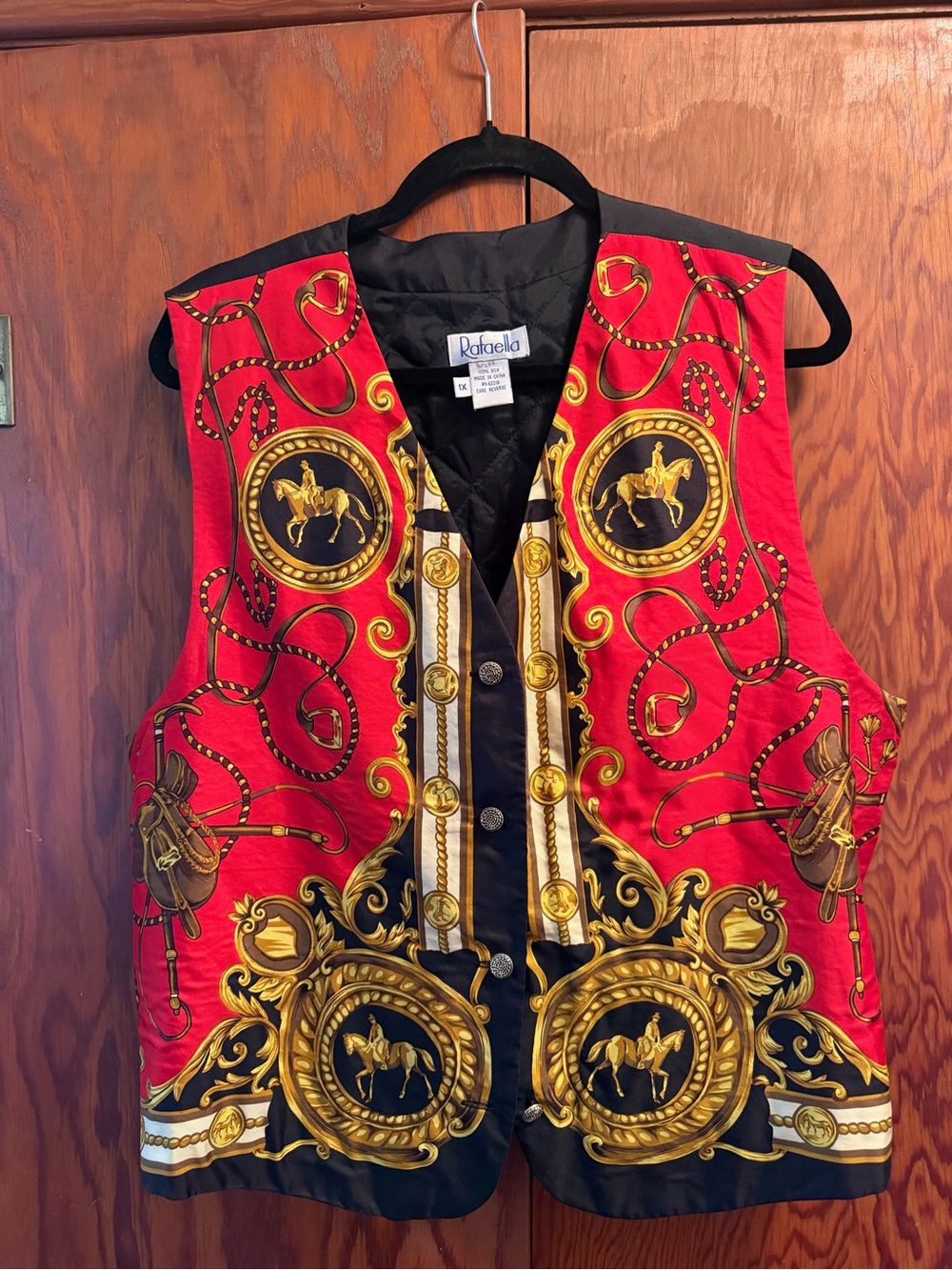 Rafaella Red, Black & Gold Equestrian Print Button-Front Vest